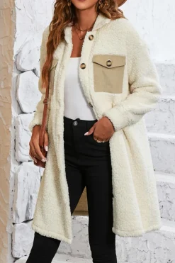 Online Dear-Lover Contrast Flap Pocket Single Breasted Teddy Coat Beige