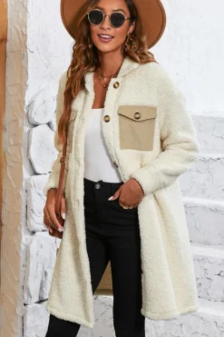 Online Dear-Lover Contrast Flap Pocket Single Breasted Teddy Coat Beige