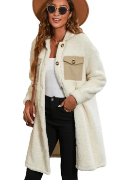 Online Dear-Lover Contrast Flap Pocket Single Breasted Teddy Coat Beige