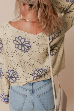 Online Dear-Lover Contrast Flower Print Eyelet Drop Shoulder Sweater Beige