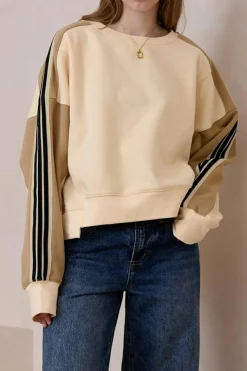Sale Dear-Lover Contrast Striped Patchwork Drop Shoulder Loose Sweatshirt Beige