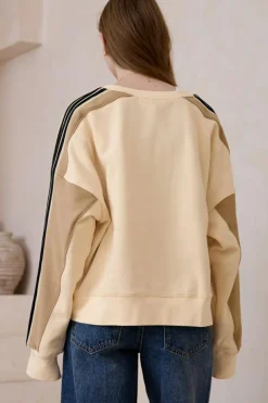 Sale Dear-Lover Contrast Striped Patchwork Drop Shoulder Loose Sweatshirt Beige