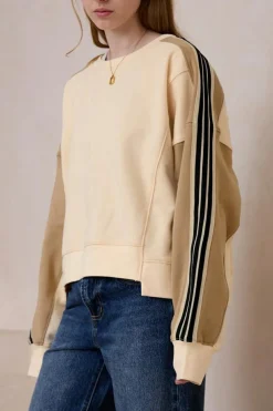 Sale Dear-Lover Contrast Striped Patchwork Drop Shoulder Loose Sweatshirt Beige