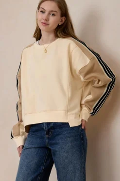 Sale Dear-Lover Contrast Striped Patchwork Drop Shoulder Loose Sweatshirt Beige