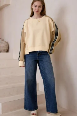 Sale Dear-Lover Contrast Striped Patchwork Drop Shoulder Loose Sweatshirt Beige