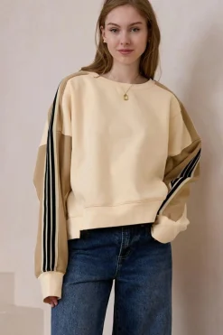 Sale Dear-Lover Contrast Striped Patchwork Drop Shoulder Loose Sweatshirt Beige
