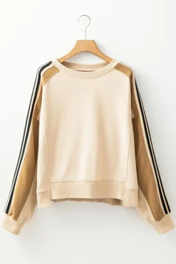 Sale Dear-Lover Contrast Striped Patchwork Drop Shoulder Loose Sweatshirt Beige