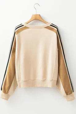 Sale Dear-Lover Contrast Striped Patchwork Drop Shoulder Loose Sweatshirt Beige