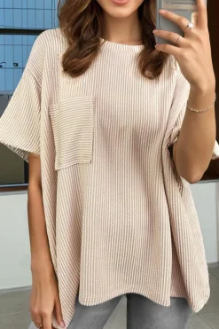Sale Dear-Lover Corded Knit Pocketed Loose Fit T Shirt Beige