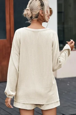 Outlet Dear-Lover Corded V Neck Slouchy Top Pocketed Shorts Set Beige