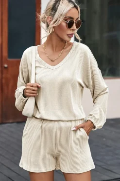 Outlet Dear-Lover Corded V Neck Slouchy Top Pocketed Shorts Set Beige