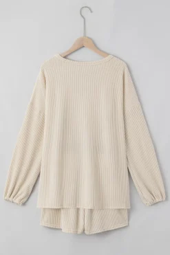 Outlet Dear-Lover Corded V Neck Slouchy Top Pocketed Shorts Set Beige