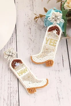 Best Dear-Lover Cowboy Boots Rice Bead Dangle Earrings Beige