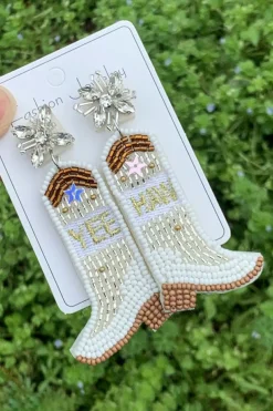 Best Dear-Lover Cowboy Boots Rice Bead Dangle Earrings Beige