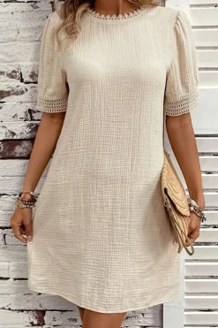Hot Dear-Lover Crinkle Lace Trim Puff Sleeve Shift Mini Dress Beige