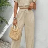 Hot Dear-Lover Crinkled Elastic Hem Crop Tee and Wide Leg Pants Set Beige