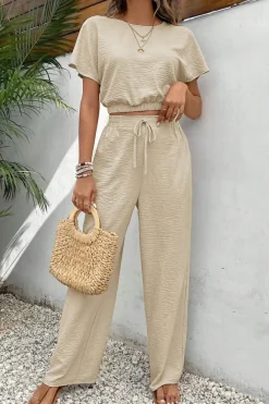 Hot Dear-Lover Crinkled Elastic Hem Crop Tee and Wide Leg Pants Set Beige