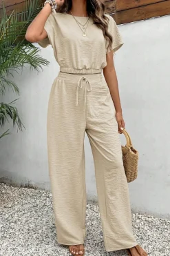 Hot Dear-Lover Crinkled Elastic Hem Crop Tee and Wide Leg Pants Set Beige