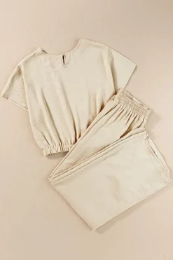 Hot Dear-Lover Crinkled Elastic Hem Crop Tee and Wide Leg Pants Set Beige