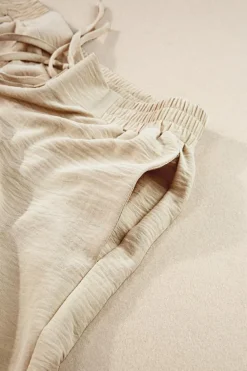 Hot Dear-Lover Crinkled Elastic Hem Crop Tee and Wide Leg Pants Set Beige