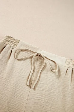 Hot Dear-Lover Crinkled Elastic Hem Crop Tee and Wide Leg Pants Set Beige