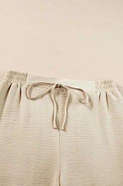 Hot Dear-Lover Crinkled Elastic Hem Crop Tee and Wide Leg Pants Set Beige