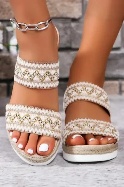 Discount Dear-Lover Crochet Dual Band Wedge Slippers Beige