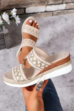 Discount Dear-Lover Crochet Dual Band Wedge Slippers Beige