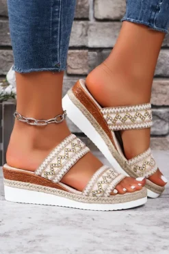 Discount Dear-Lover Crochet Dual Band Wedge Slippers Beige