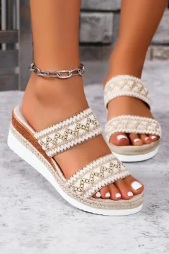Discount Dear-Lover Crochet Dual Band Wedge Slippers Beige