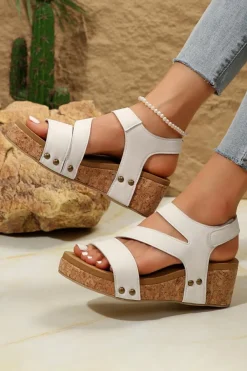 New Dear-Lover Cut Out Suede Velcro Wedge Sandals Beige