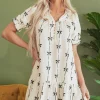 Outlet Dear-Lover Cute Bowknot Printed Bubble Sleeve V Neck Mini Dress Beige