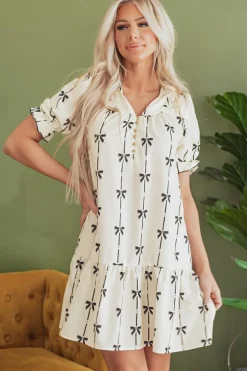 Outlet Dear-Lover Cute Bowknot Printed Bubble Sleeve V Neck Mini Dress Beige