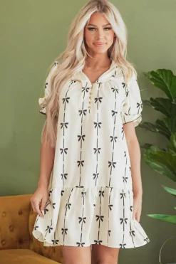 Outlet Dear-Lover Cute Bowknot Printed Bubble Sleeve V Neck Mini Dress Beige