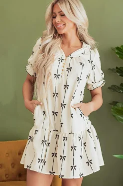 Outlet Dear-Lover Cute Bowknot Printed Bubble Sleeve V Neck Mini Dress Beige