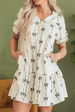 Outlet Dear-Lover Cute Bowknot Printed Bubble Sleeve V Neck Mini Dress Beige
