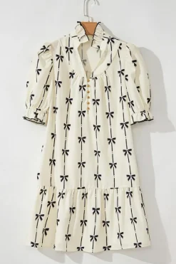 Outlet Dear-Lover Cute Bowknot Printed Bubble Sleeve V Neck Mini Dress Beige