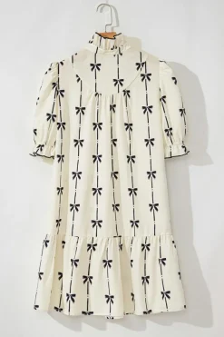 Outlet Dear-Lover Cute Bowknot Printed Bubble Sleeve V Neck Mini Dress Beige