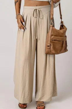 Discount Dear-Lover Drawstring Waist Pleated Wide Leg Casual Pants Beige