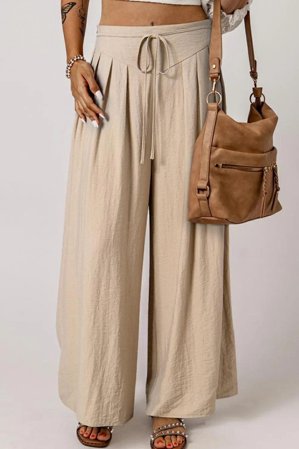Discount Dear-Lover Drawstring Waist Pleated Wide Leg Casual Pants Beige