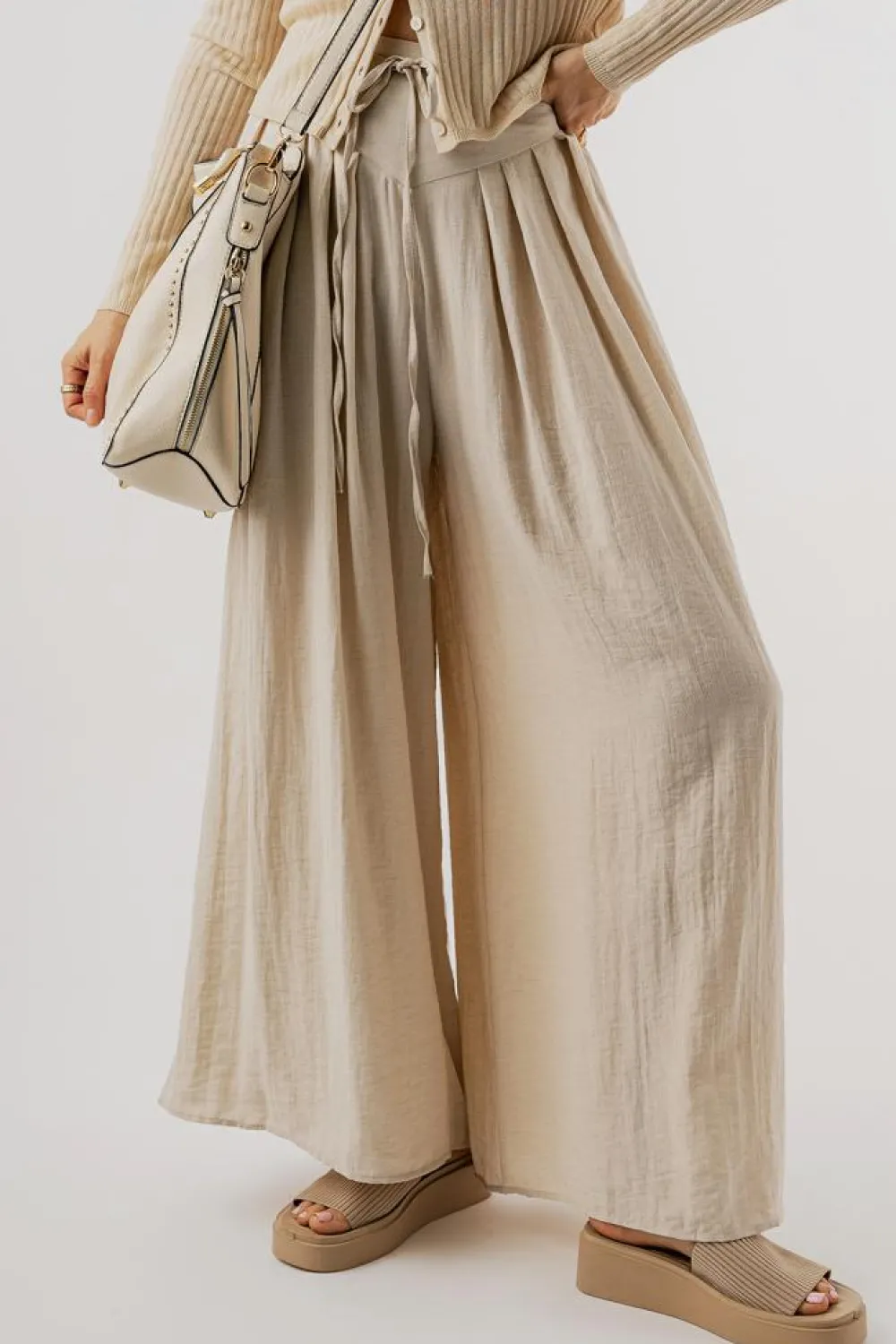 Discount Dear-Lover Drawstring Waist Pleated Wide Leg Casual Pants Beige