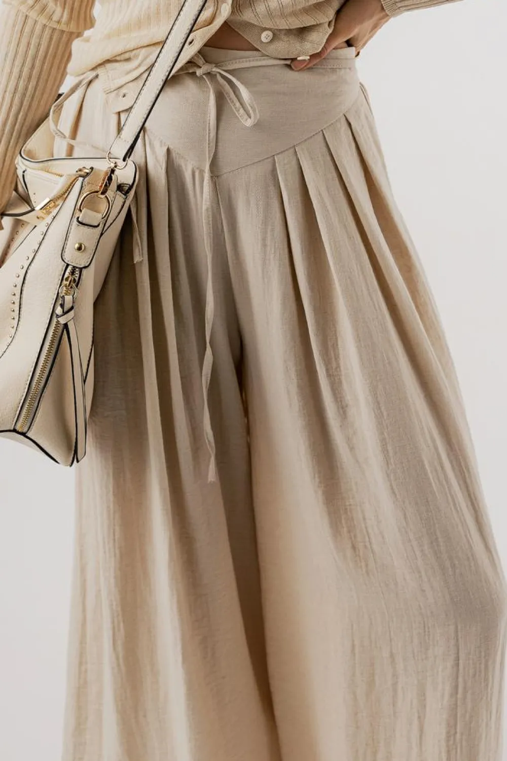 Discount Dear-Lover Drawstring Waist Pleated Wide Leg Casual Pants Beige