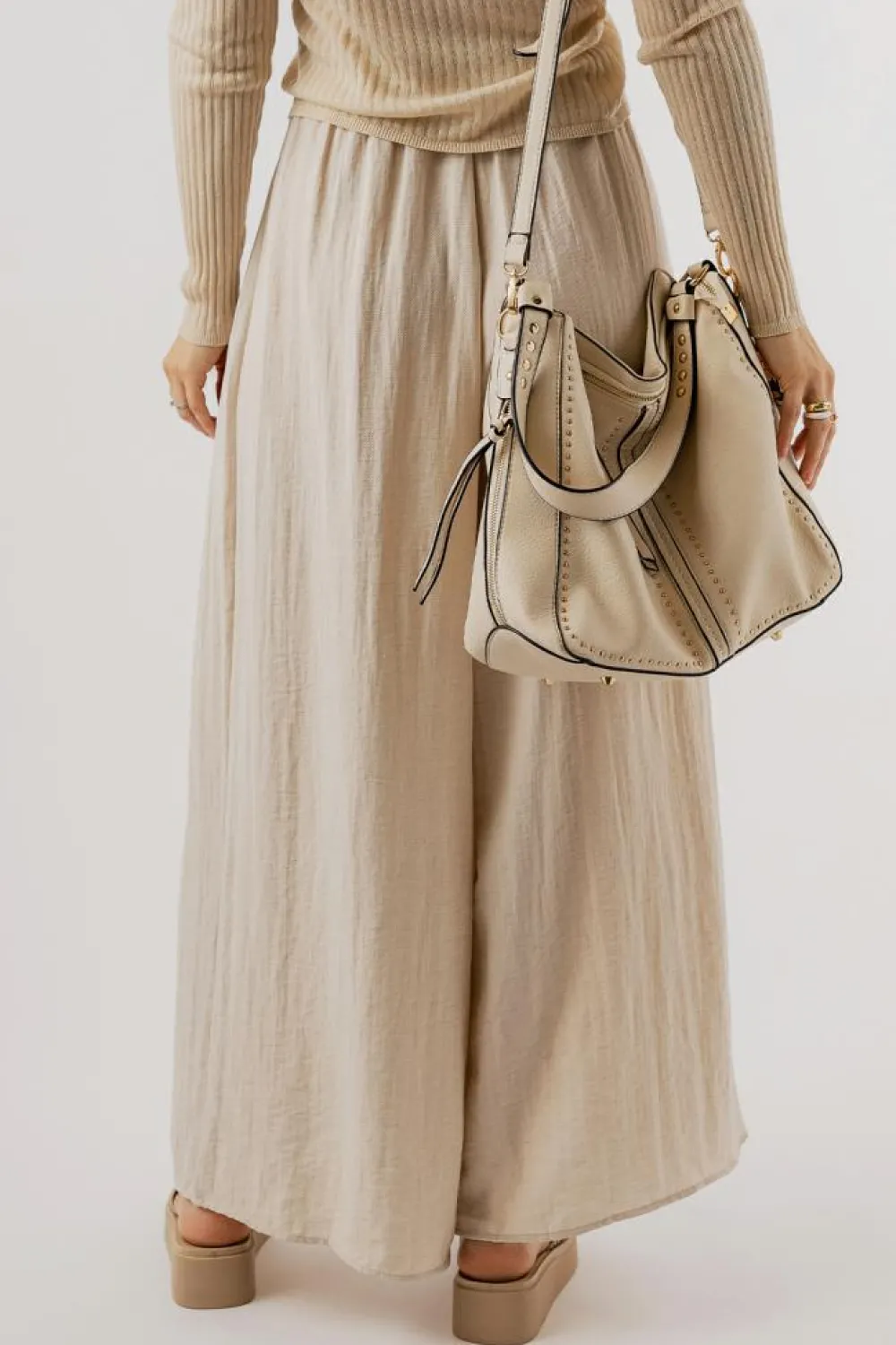 Discount Dear-Lover Drawstring Waist Pleated Wide Leg Casual Pants Beige