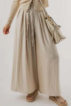 Discount Dear-Lover Drawstring Waist Pleated Wide Leg Casual Pants Beige
