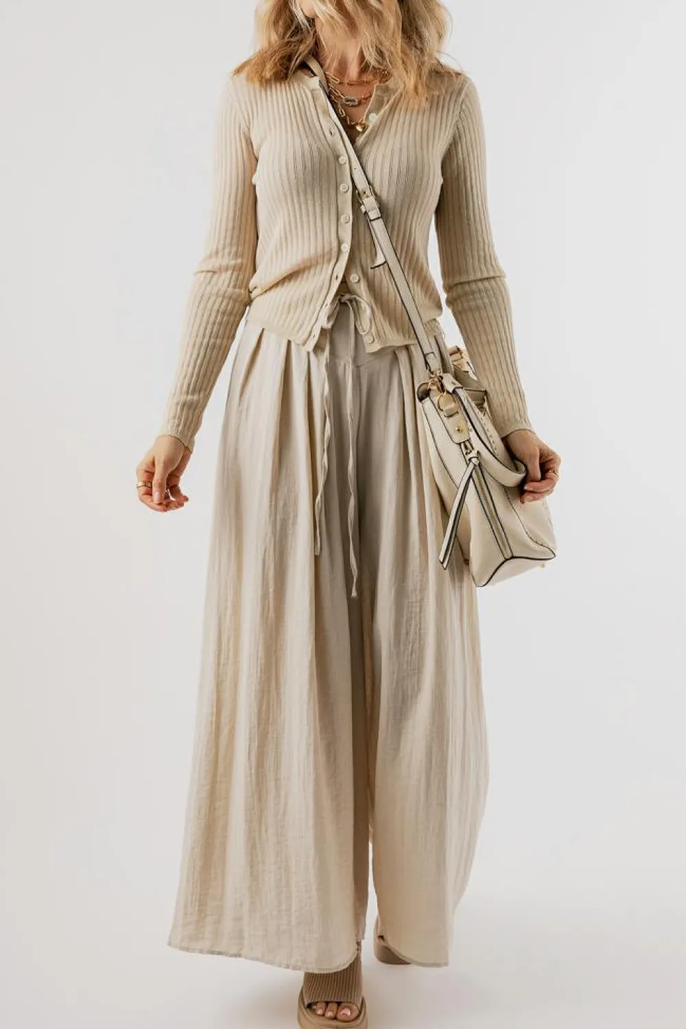 Discount Dear-Lover Drawstring Waist Pleated Wide Leg Casual Pants Beige