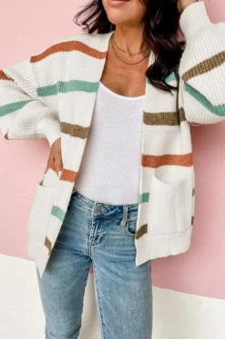 Discount Dear-Lover Drop Shoulder Pocketed Stripe Sweater Cardigan Beige