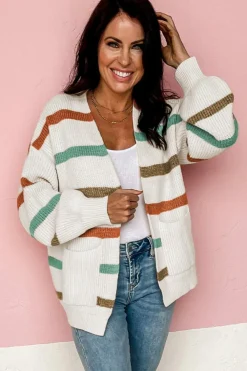 Discount Dear-Lover Drop Shoulder Pocketed Stripe Sweater Cardigan Beige