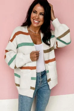 Discount Dear-Lover Drop Shoulder Pocketed Stripe Sweater Cardigan Beige