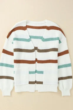 Discount Dear-Lover Drop Shoulder Pocketed Stripe Sweater Cardigan Beige