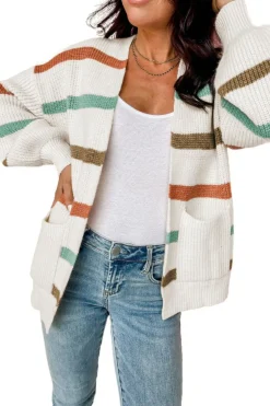 Discount Dear-Lover Drop Shoulder Pocketed Stripe Sweater Cardigan Beige